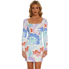 Flowers Illustration T- Shirt Sunshine Blossoms Long Sleeve Square Neck Bodycon Velour Dress