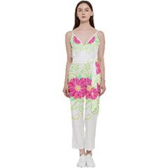 Flowers Illustration T- Shirtflowers T- Shirt (1) V-neck Spaghetti Strap Tie Front Jumpsuit