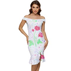 Flowers Illustration T- Shirtflowers T- Shirt (3) Off Shoulder Ruffle Split Hem Bodycon Dress