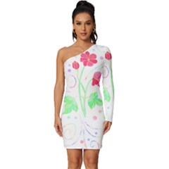 Flowers Illustration T- Shirtflowers T- Shirt (3) Long Sleeve One Shoulder Mini Dress