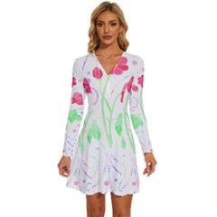 Flowers Illustration T- Shirtflowers T- Shirt (3) Long Sleeve Deep V Mini Dress 