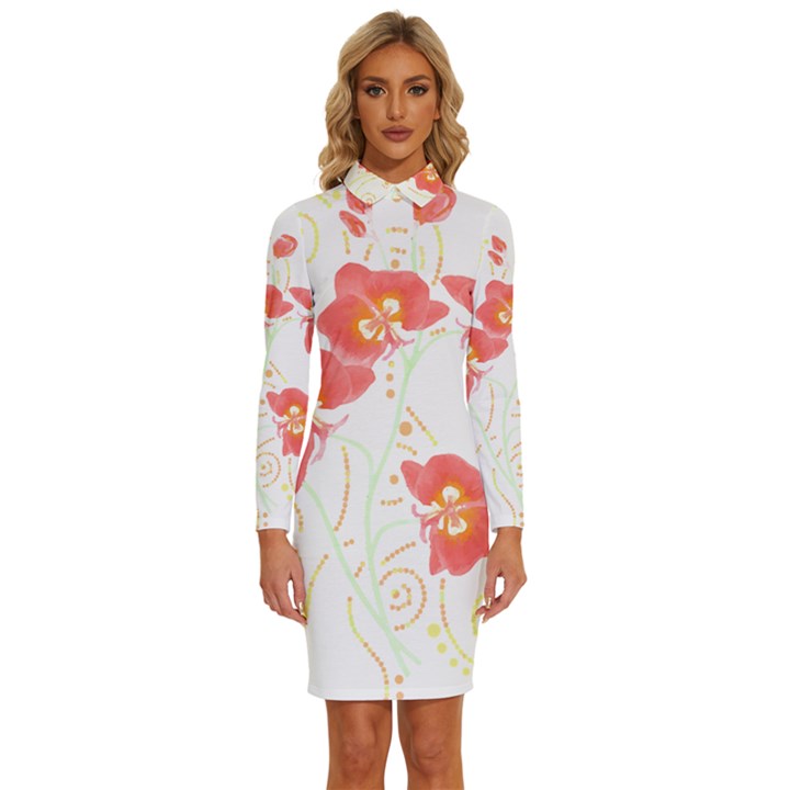 Flowers Illustration T- Shirtflowers T- Shirt Long Sleeve Shirt Collar Bodycon Dress