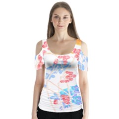 Flowers Pattern T- Shirtflower Pattern Design Drawing T- Shirt Butterfly Sleeve Cutout Tee 