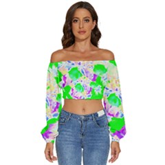 Flowers T- Shirt Abstract Flowers Long Sleeve Crinkled Weave Crop Top