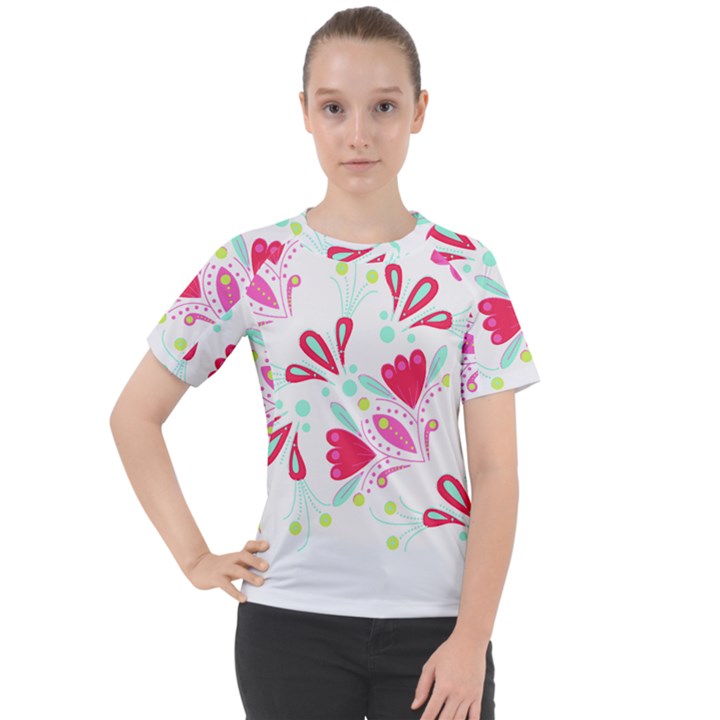 Flowers T- Shirt Batik Flower Pattern T- Shirt Women s Sport Raglan Tee