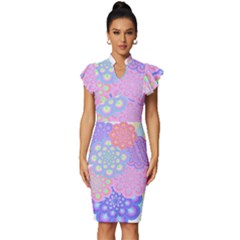 Flowers T- Shirt Flower Bouquet Pink, Purple, Blue T- Shirt Vintage Frill Sleeve V-neck Bodycon Dress