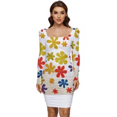 Flowers T- Shirt Flower Power T- Shirt Women Long Sleeve Ruched Stretch Jersey Dress by maxcute