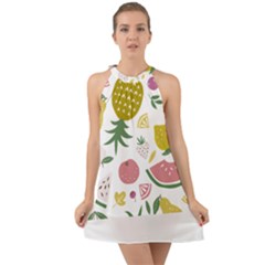 Fruits T- Shirt Funny Summer Fruits Collage Fruit Bright Colors T- Shirt Halter Tie Back Chiffon Dress by maxcute