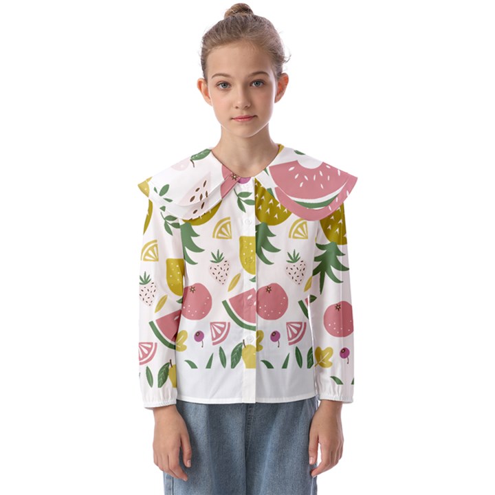 Fruits T- Shirt Funny Summer Fruits Collage Fruit Bright Colors T- Shirt Kids  Peter Pan Collar Blouse