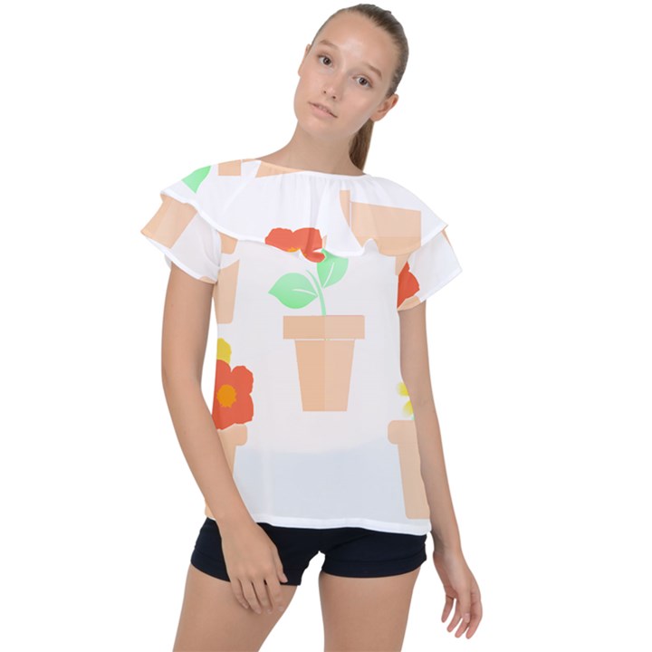 Garden T- Shirt Garden Flowers Pattern T- Shirt Ruffle Collar Chiffon Blouse