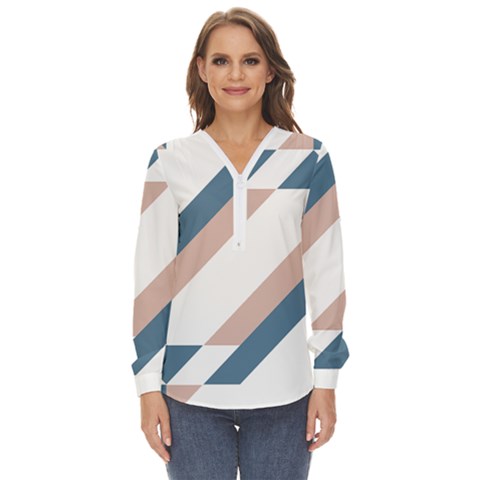 Geometric Abstract Art T- Shirt Mountain River Pattern Zip Up Long Sleeve Blouse by maxcute