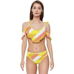 Geometric Abstract Art T- Shirt Sunrise Pattern Ruffle Edge Tie Up Bikini Set	