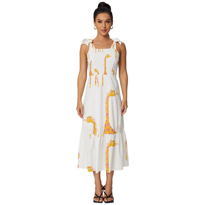 Giraffe Pattern T- Shirt Giraffes T- Shirt Tie-Strap Tiered Midi Chiffon Dress