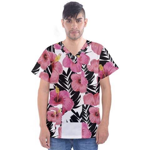 Hawaii T- Shirt Hawaian Floral Pattern T- Shirt Men s V-neck Scrub Top by maxcute