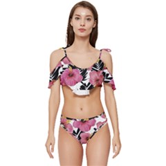 Hawaii T- Shirt Hawaian Floral Pattern T- Shirt Ruffle Edge Tie Up Bikini Set	 by maxcute