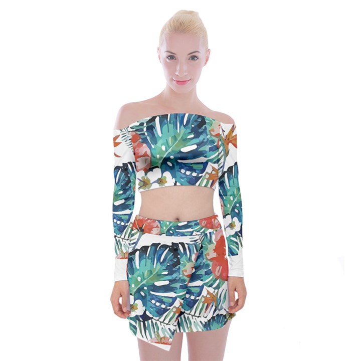 Hawaii T- Shirt Hawaii Christmas Flower Fashion T- Shirt Off Shoulder Top with Mini Skirt Set