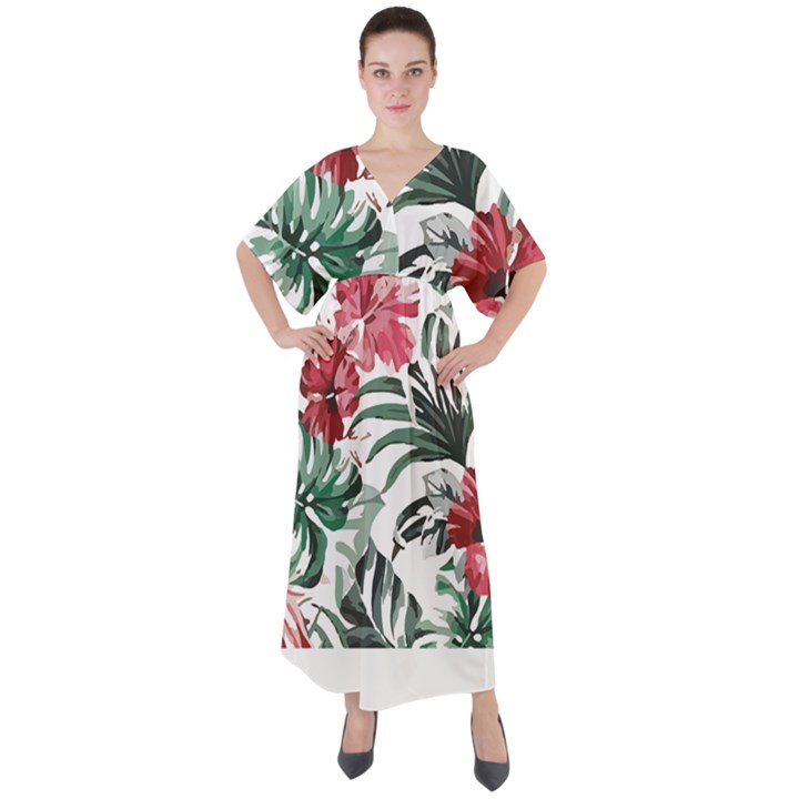 Hawaii T- Shirt Hawaii Flaw Pattern T- Shirt V-Neck Boho Style Maxi Dress