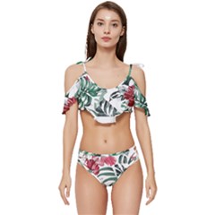 Hawaii T- Shirt Hawaii Flaw Pattern T- Shirt Ruffle Edge Tie Up Bikini Set	