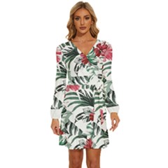 Hawaii T- Shirt Hawaii Flaw Pattern T- Shirt Long Sleeve Waist Tie Ruffle Velour Dress