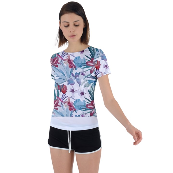 Hawaii T- Shirt Hawaii Flora Pattern T- Shirt Back Circle Cutout Sports Tee