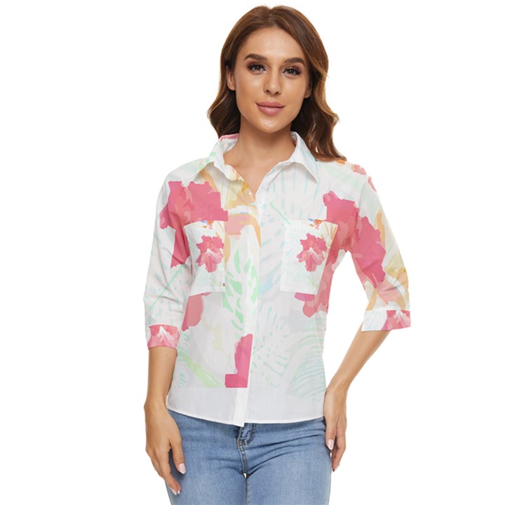 Hawaii T- Shirt Hawaii Florist Modern T- Shirt Women s Quarter Sleeve Pocket Shirt