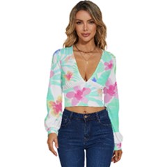 Hawaii T- Shirt Hawaii Flower Pattern T- Shirt Long Sleeve Deep-v Velour Top