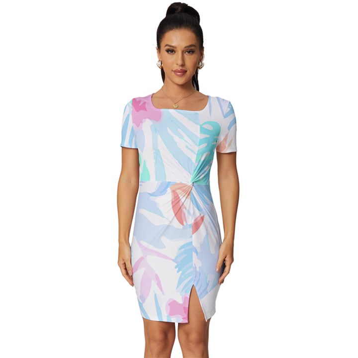 Hawaii T- Shirt Hawaii Flowers Creative T- Shirt Fitted Knot Split End Bodycon Dress