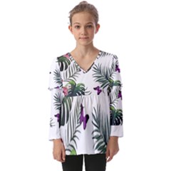 Hawaii T- Shirt Hawaii Lent Flowers Pattern T- Shirt Kids  V Neck Casual Top