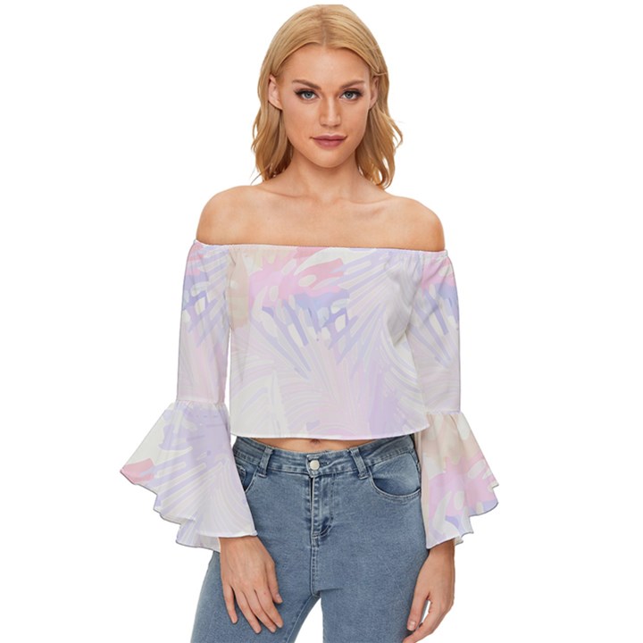 Hawaii T- Shirt Hawaii Shrimp Flowers T- Shirt Off Shoulder Flutter Bell Sleeve Top