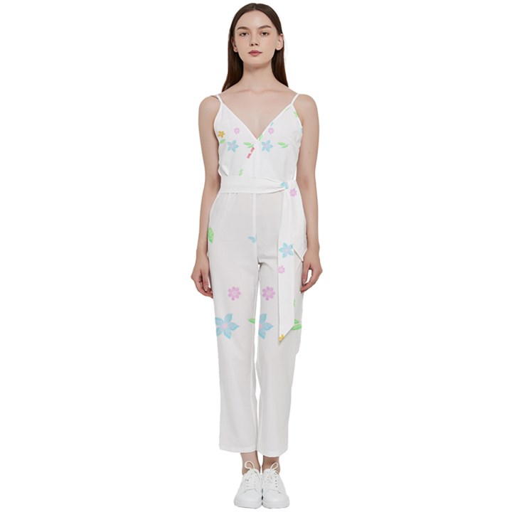 Hello Spring T- Shirt Happy Spring Yall Flowers Bloom Floral First Day Of Spring T- Shirt V-Neck Spaghetti Strap Tie Front Jumpsuit