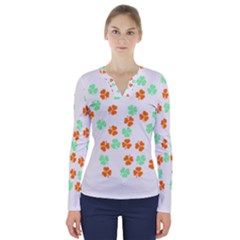 Irish T- Shirt Shamrock Pattern In Green White Orange T- Shirt V-neck Long Sleeve Top by maxcute