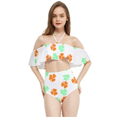 Irish T- Shirt Shamrock Pattern In Green White Orange T- Shirt Halter Flowy Bikini Set 