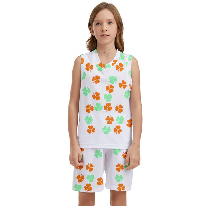 Irish T- Shirt Shamrock Pattern In Green White Orange T- Shirt Kids  Basketball Mesh Set