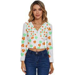 Irish T- Shirt Shamrock Pattern In Green White Orange T- Shirt Long Sleeve V-neck Top by maxcute