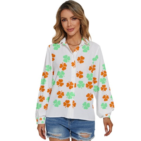 Irish T- Shirt Shamrock Pattern In Green White Orange T- Shirt Women s Long Sleeve Button Down Shirt by maxcute