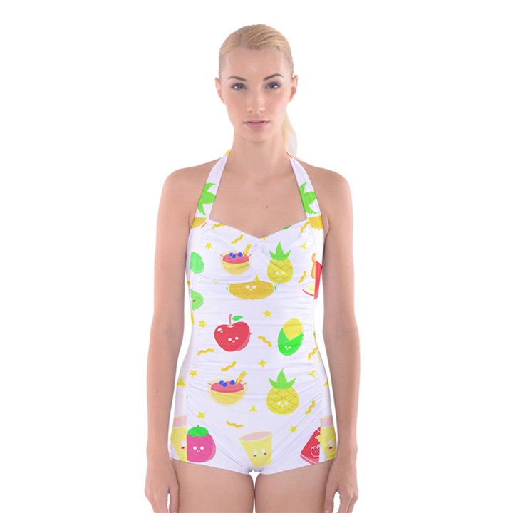 Kawaii Doodle T- Shirt Kawaii Doodle Food Illustration T- Shirt Boyleg Halter Swimsuit 