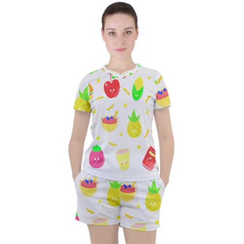 Kawaii Doodle T- Shirt Kawaii Doodle Food Illustration T- Shirt Women s Tee And Shorts Set by maxcute