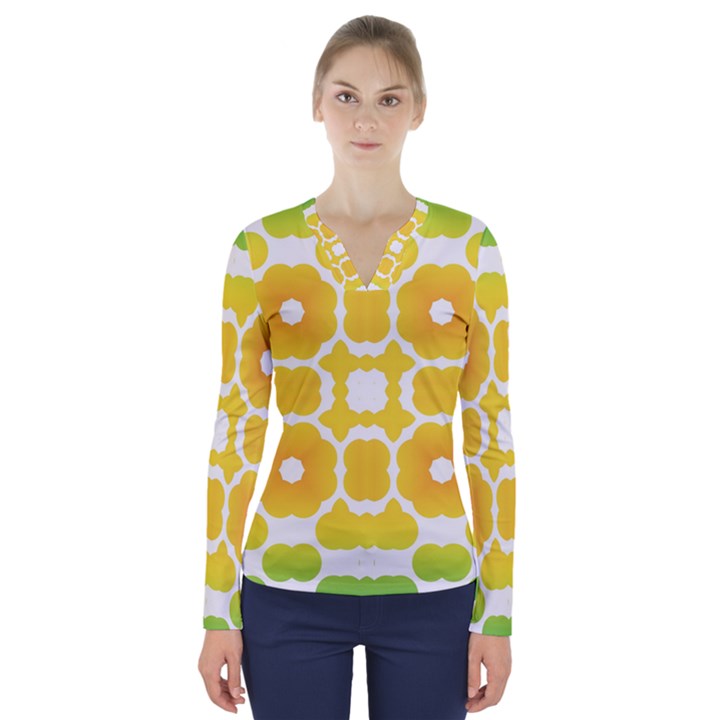 Yellow Seamless Pattern V-Neck Long Sleeve Top