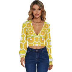 Yellow Seamless Pattern Long Sleeve Deep-v Velour Top by Ravend