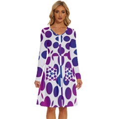 Purple Blue Repeat Pattern Long Sleeve Dress With Pocket