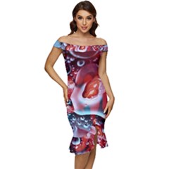 Abstract Art Texture Bubbles Off Shoulder Ruffle Split Hem Bodycon Dress