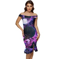 Spaceship Alien Futuristic Off Shoulder Ruffle Split Hem Bodycon Dress