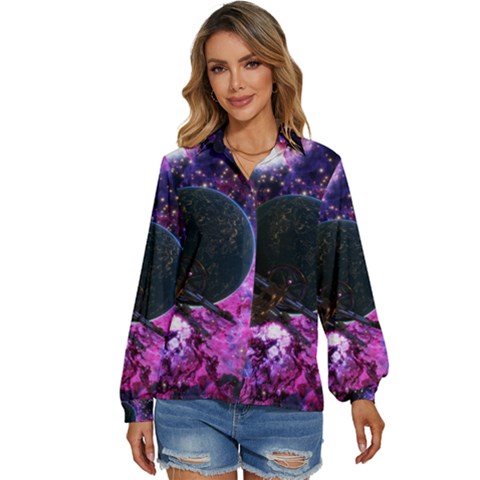 Spaceship Alien Futuristic Women s Long Sleeve Button Down Shirt by Ravend