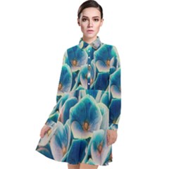 Hydrangeas-blossom-bloom-blue Long Sleeve Chiffon Shirt Dress by Ravend