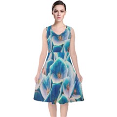 Hydrangeas-blossom-bloom-blue V-neck Midi Sleeveless Dress  by Ravend