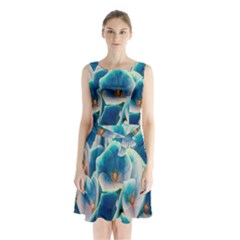 Hydrangeas-blossom-bloom-blue Sleeveless Waist Tie Chiffon Dress by Ravend