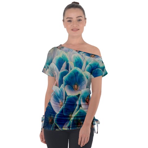 Hydrangeas-blossom-bloom-blue Off Shoulder Tie-up Tee by Ravend