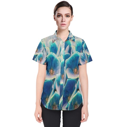 Hydrangeas-blossom-bloom-blue Women s Short Sleeve Shirt by Ravend