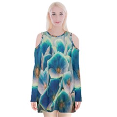 Hydrangeas-blossom-bloom-blue Velvet Long Sleeve Shoulder Cutout Dress by Ravend