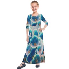 Hydrangeas-blossom-bloom-blue Kids  Quarter Sleeve Maxi Dress by Ravend